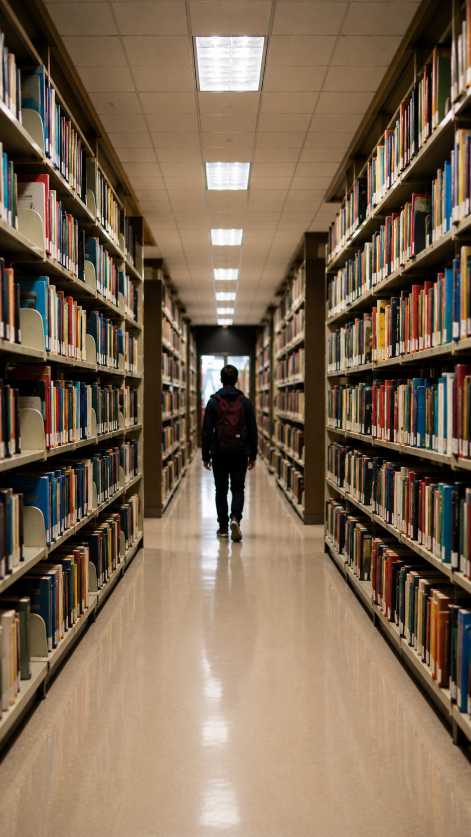 Student studying by bookshelf